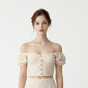 Billabong Cream Floral Puff Sleeve Crop Top Cottagecore Boho Size L